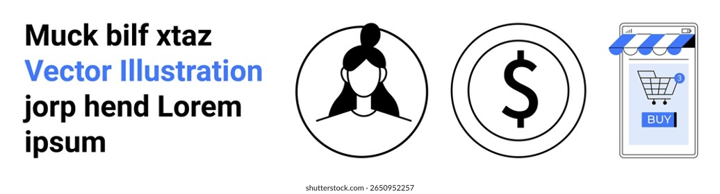 Perfil das mulheres, símbolo de dólar e gráfico da loja online com um carrinho de compras sob o botão COMPRAR. Ideal para temas de finanças, comércio eletrônico, avatares, infográficos, web design, marketing e negócios