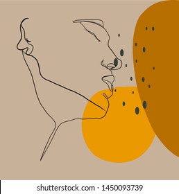 Woman's profile drawn in a minimalist style with one black line on an abstract background with arbitrary color geometric details of pastel shades