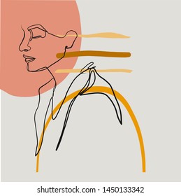 Woman's profile drawn in a minimalist style with one black line on an abstract background with arbitrary color geometric details of pastel shades