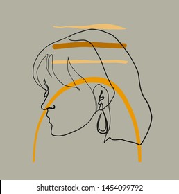 Woman's profile drawn in a minimalist style with one black line on an abstract background with arbitrary color geometric details of pastel shades