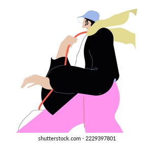 Woman's profile. Modern woman wearing hat outdoor portrait in motion. Trendy female character going. Flat vector illustration isolated on white background