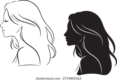 Woman's profile vector illustration showing both line art and black silhouette beautiful face represents elegance beauty and fashion concepts female head with long flowing wavy hairstyle peaceful expression depicts wellness and natural cosmetic aesthetic graphic resource.