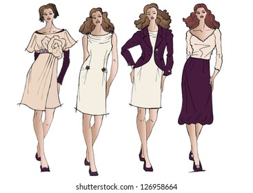 Woman's purple beige evening dress collection with model