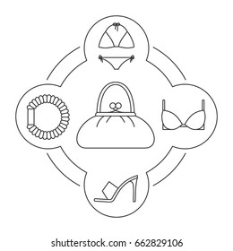Woman's purse contents linear icons set. Hair scrunchy, high heel shoe, bra, swimsuit. Isolated vector illustrations