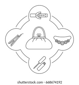 Woman's purse contents linear icons set. Leather belt, necklace, lip gloss, hair straightener. Isolated vector illustrations