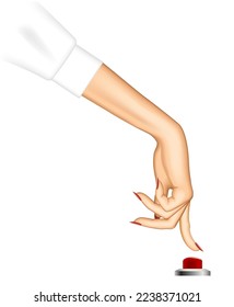 La mujer y empuja con el dedo índice un botón rojo aislado en blanco. Ilustración del vector