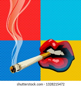 Woman's red lips with cigarette. Pop art vector illustration.