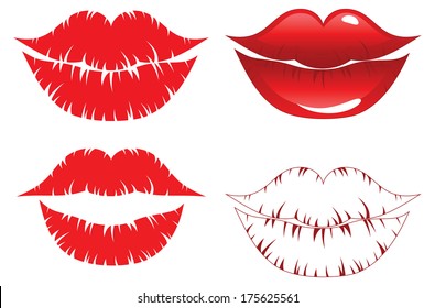 Woman's red lips and lipstick marks of red color.