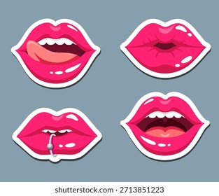 Woman's red lips stickers set. Cartoon sexy woman half-open mouth with teeth and tongue sticking out. Pink lips stickers. Expressions, emotions, beauty concept. Vector illustration