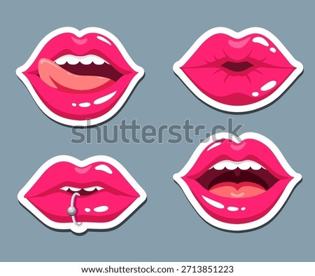 Woman's red lips stickers set. Cartoon sexy woman half-open mouth with teeth and tongue sticking out. Pink lips stickers. Expressions, emotions, beauty concept. Vector illustration