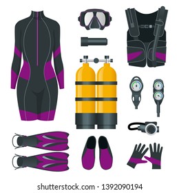 Woman's Scuba gear and accessories. Equipment for diving. IDiver wetsuit, scuba mask, snorkel, fins, regulator dive icons. Underwater activity diving equipment and accessories. Underwater sport.