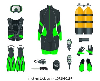 Woman's Scuba gear and accessories. Equipment for diving. IDiver wetsuit, scuba mask, snorkel, fins, regulator dive icons. Underwater activity diving equipment and accessories. Underwater sport.