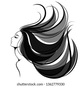 Womans sensual portrait with chic long hair. Vector fashion illustration. Black and white silhouette for your design