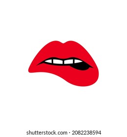 Womans sensuous lips, beautiful open mouth biting lip, red Illustration drawn in the comics style