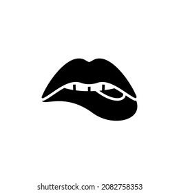 Womans sensuous lips, beautiful open mouth biting lip, black Illustration drawn by the cartoon style