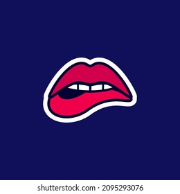 Womans sensuous lips, beautiful open mouth biting lip with lipstick, sticker in the cartoon style