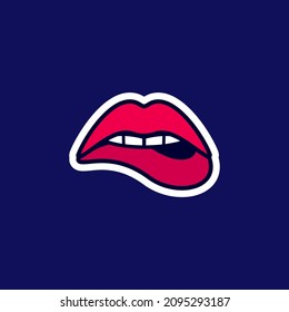 Womans sensuous lips, beautiful open mouth biting lip with lipstick, sticker in the cartoon style, vector illustration