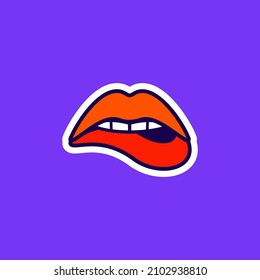 Los labios sensuales de las mujeres, el hermoso labio de boca abierta mordaz con lápiz labial, pegatina al estilo del arte pop