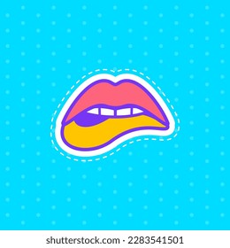 Los labios sensuales de las mujeres, el hermoso labio de boca abierta mordaz con lápiz labial, pegatina al estilo del arte pop