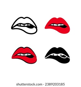 Los sensuales labios de la mujer, el hermoso labio de boca abierta mordiendo con lápiz labial, ponen Ilustración en el estilo de la caricatura