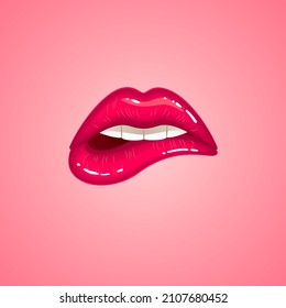 Womans sensuous red pink lips, beautiful open mouth biting lip with lipstick right, Illustration in the cartoon style