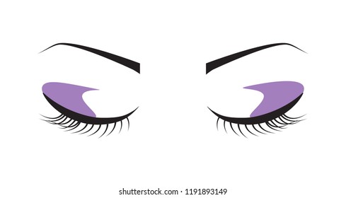 Woman's sexy eyelashes and eyebrows. Closed eyes with black eyelashes isolated on white background. Concept for t shirt, label and beauty salon. Creative art design, vector illustration