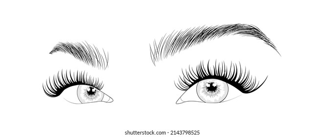 Woman's Sexy Makeup Look With Perfectly Shaped Eyebrows And Lashes. Vector Illustration For Business Visit Card, Typograph, Print. Perfect Salon Look. Brows And Lashes Lamination.