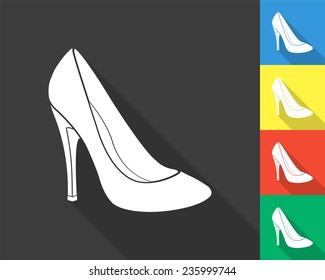woman's shoes icon - gray and colored (blue, yellow, red, green) vector illustration with long shadow