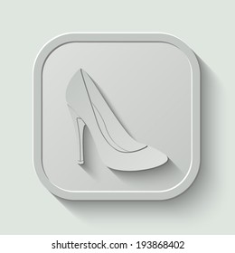 woman's shoes icon - paper button with shadow on light background