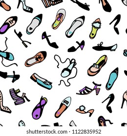 Woman's shoes seamless pattern. Vector illustration. flats, pumps, heels, wedges, sandals, flatform, mules.