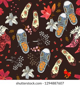 Woman's shoes summer pattern with beautiful flowers and little hearts on dark brown background.