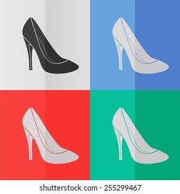 Woman's shoes vector icon. Effect of folded paper. Colored (red, blue, green) illustrations. Flat design