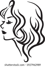 A woman's side profile abstract illustration with curly hairstyle and long eyelashes. Freehand digital drawing of a beautiful girl.