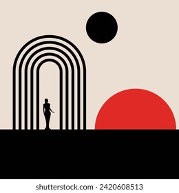 La silueta de una mujer, un arco abstracto y formas planetarias aparecen en una ilustración surrealista minimalista.