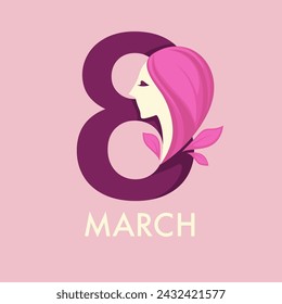 Woman's silhouette merged with number 8, modern flat design, isolated on pink, symbolizing March, suitable for women's day themes and events.
