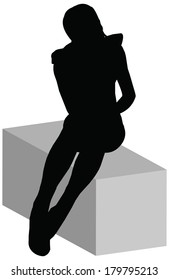 woman's silhouette in Pensive position on white background