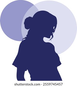 A woman's silhouette is shown in a blue circle. The woman is wearing a blue shirt and has her hair in a bun. The image has a calm and peaceful mood, as the woman is sitting and not moving