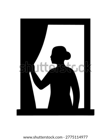 A woman's silhouette is visible as she pulls back a curtain to look out of a window, suggesting curiosity or anticipation