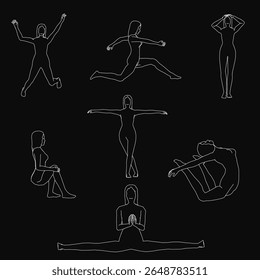 A woman's silhouettes in various yoga poses stand out against a black background, showcasing strength and flexibility. She wears a white tank top and black leggings, her hair tied in a neat bun.