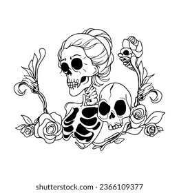 woman's skull with creeping flower background.