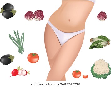 Cuerpo delgado de la mujer rodeado de varias verduras frescas que promueven el estilo de vida del bienestar