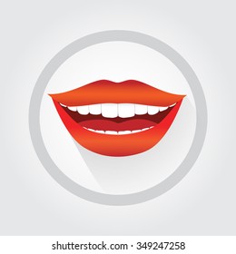 Woman's Smile Symbol. Vector Cartoon Style Communication Symbol. Contact Us Icon, On-line Service Icon. Big Smile, Red Lipstick, White Teeth. 