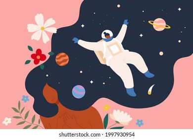 Woman's space dream. Illustration of a long hair woman dreaming about wearing in a spacesuit and floating around the planets in the starry space. Concept of space trip or becoming a female astronaut