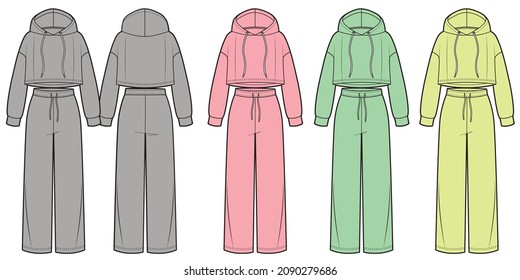 Womans sport suits, crop hoodie and wide pants, colored variants