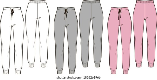 woman`s sport trousers in white, gray and pink colores. Homw wear, sport wear. Vector fashion design.