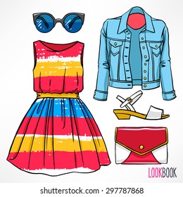 Woman's spring outfit. Dress and accessories. hand-drawing illustration