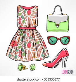 Woman's summer outfit. Dress and accessories. hand-drawing illustration
