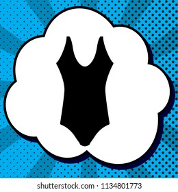 Woman's swimsuit sign. Vector. Black icon in bubble on blue pop-art background with rays.