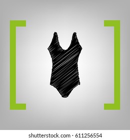 Woman`s swimsuit sign. Vector. Black scribble icon in citron brackets on grayish background.