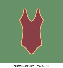 Woman's swimsuit sign. Vector. Cordovan icon and mellow apricot halo with light khaki filled space at russian green background.